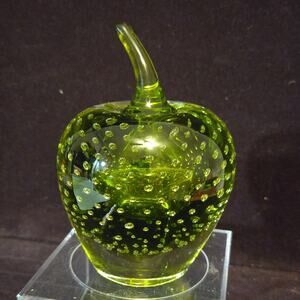Viking Green Art Glass Apple Paperweight with Controlled Bubbles Design